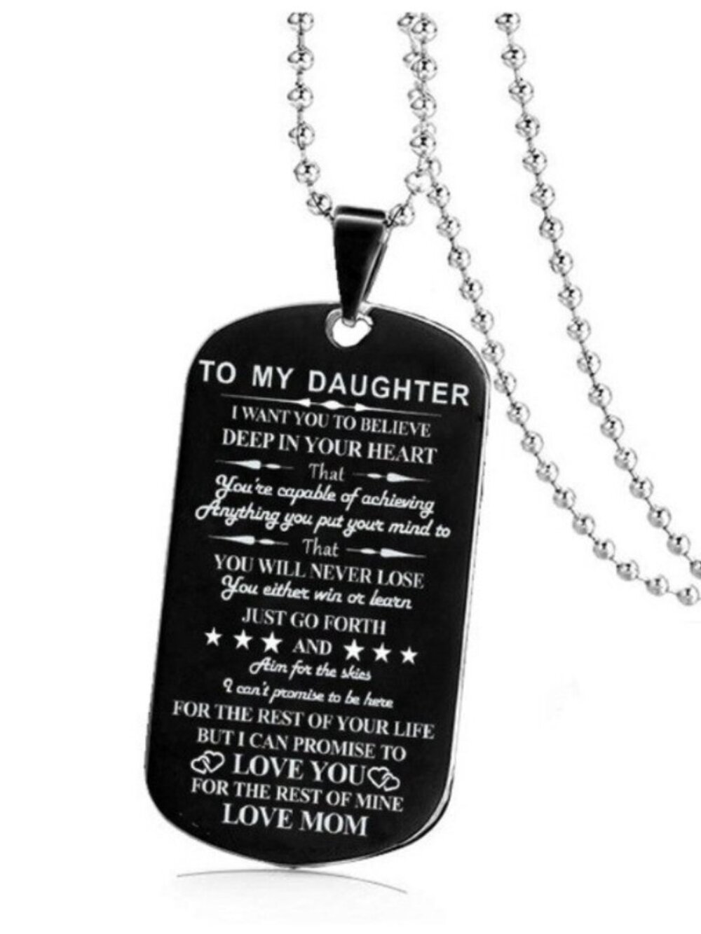 To My Daughter Love Mom Engraved Appreciation Black Silver Dog Tag Necklace